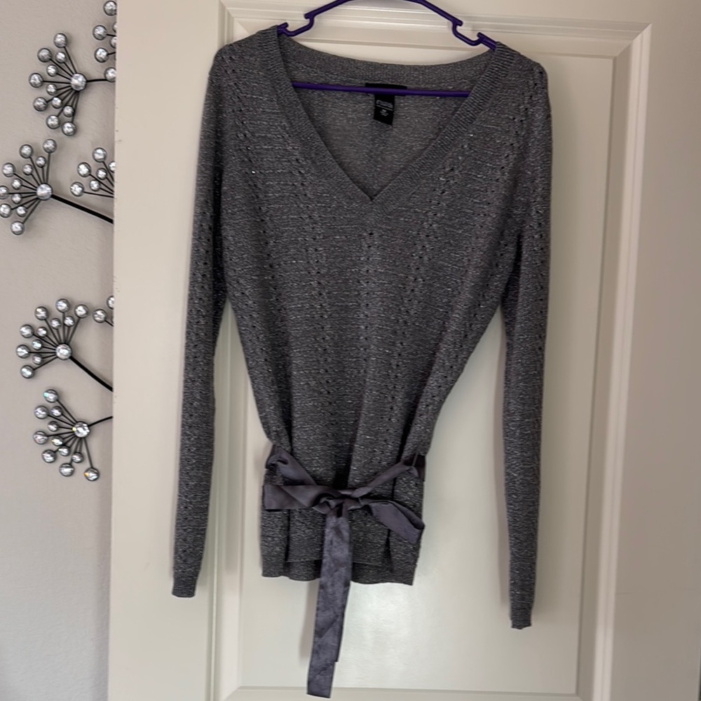 New York & Company Size Medium Gray and Silver‎ Knit Sweater with Belt